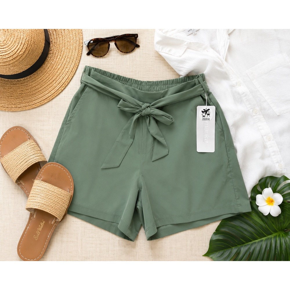 Marika Travel and Commute Shorts Duck Green Paperbag Waist Tie Belt Large NEW‎